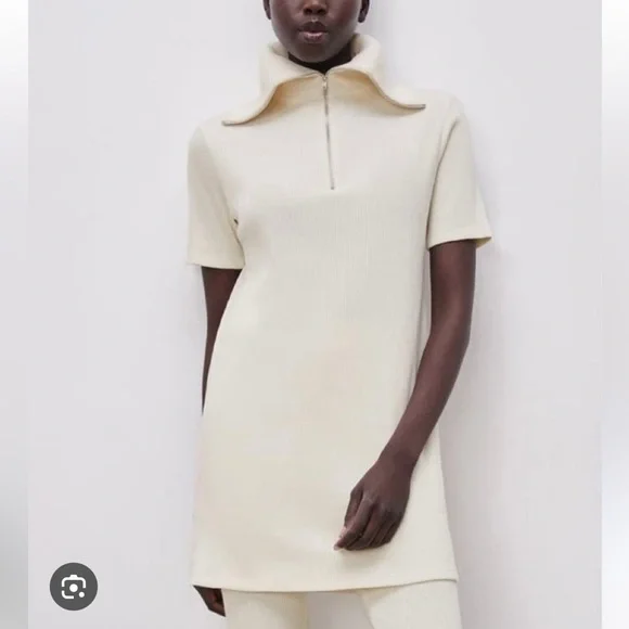 ZARA Sweater Dress Ivory Short Sleeves Quarter Zip Ribbed Knit Size Size M - Picture 2 of 11